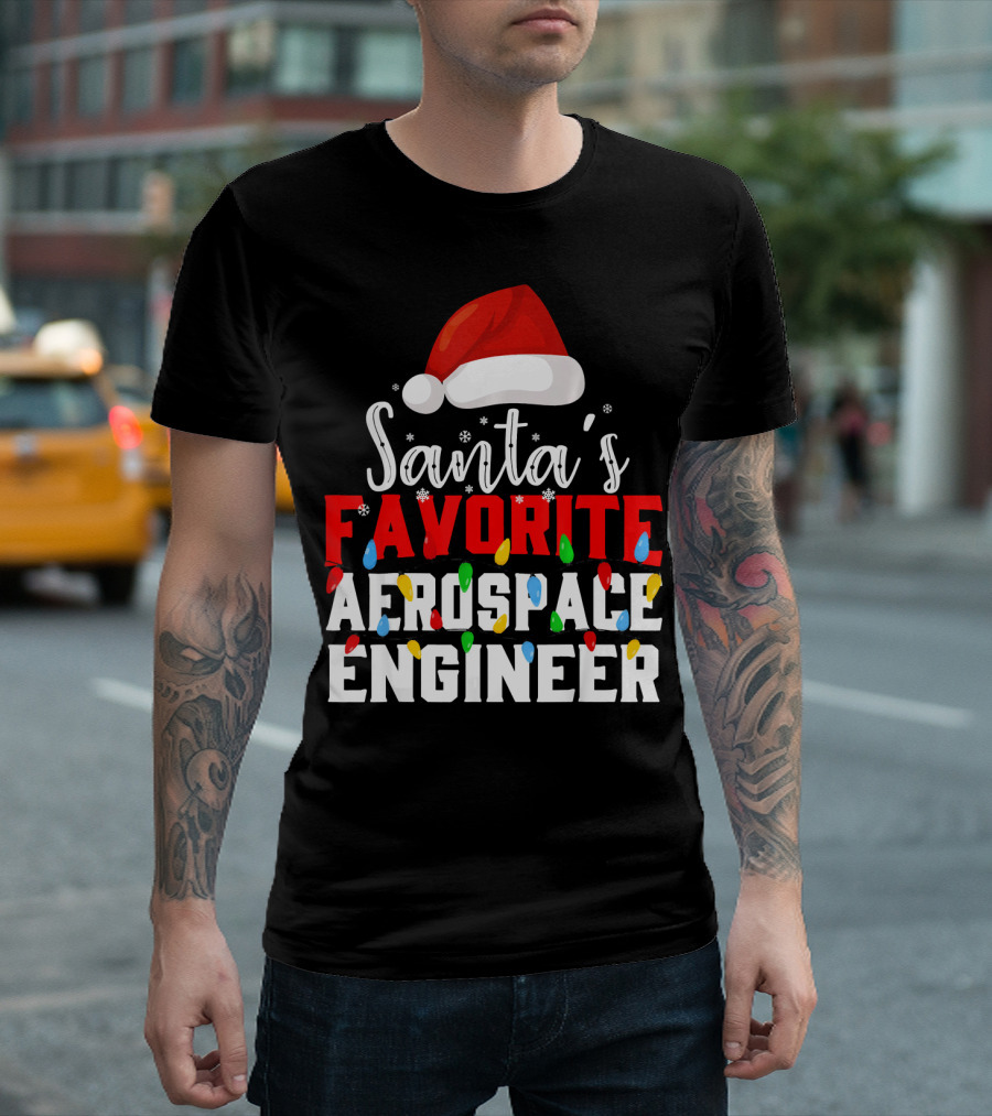 Santa's Favorite Aerospace Engineer Chris with Christmas Lights and Santa Hat T-Shirt