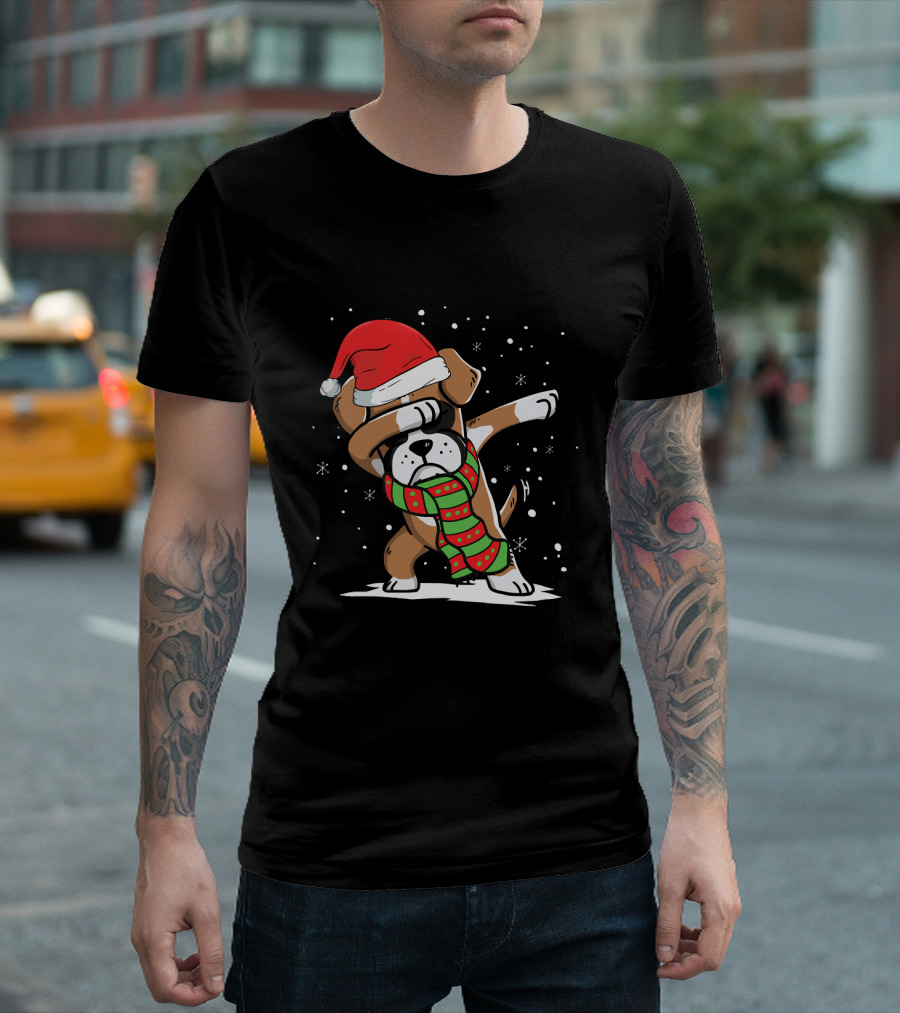 Santa Hat Dabbing Boxer with Christmas Scarf T-Shirt