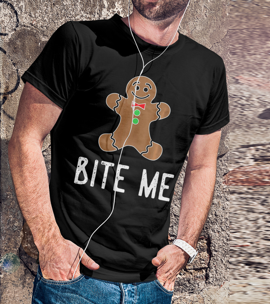 Bite Me Gingerbread Cookie Red Bow Tie Green Buttons T-Shirt