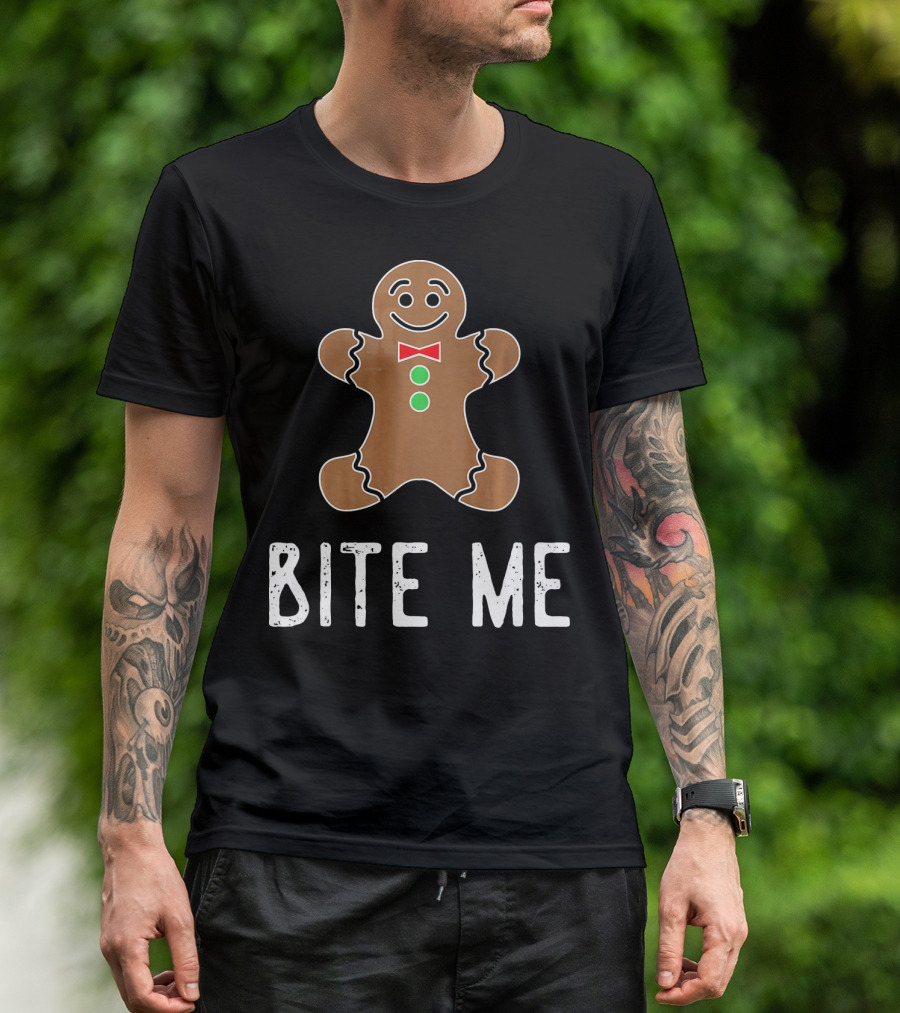 Bite Me Gingerbread Cookie Red Bow Tie Green Buttons T-Shirt