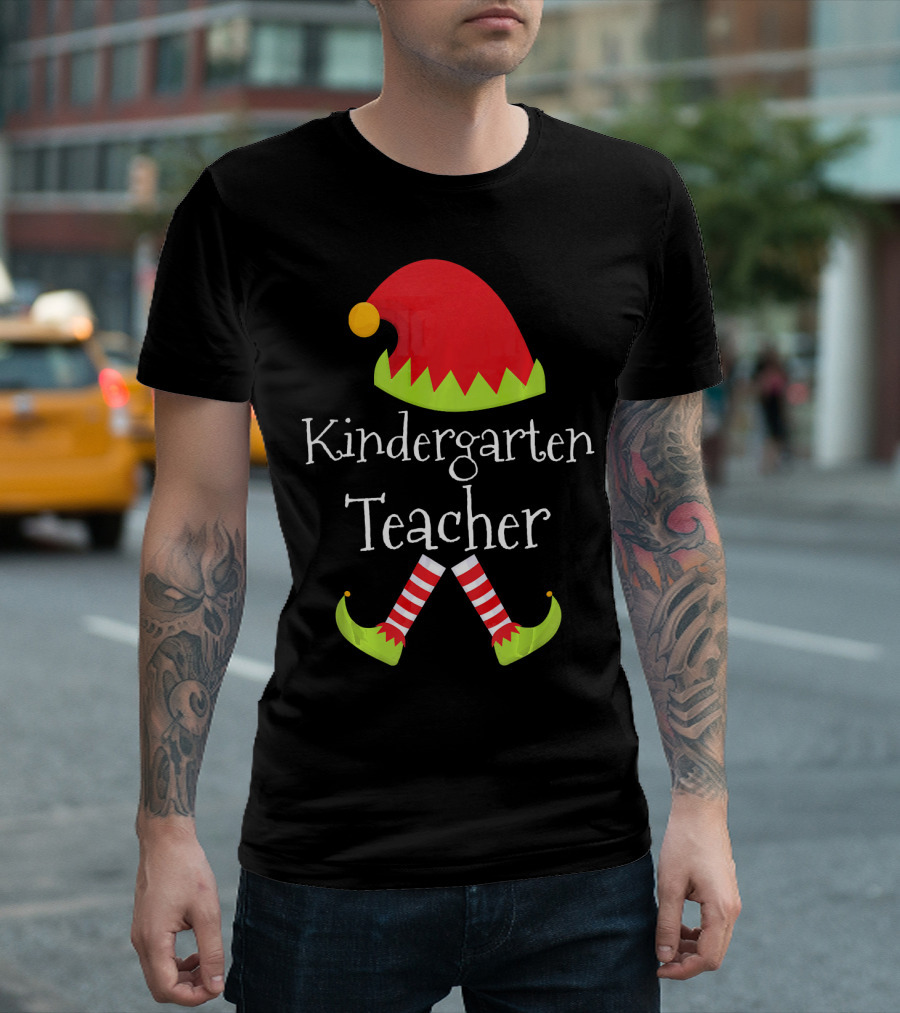 Kindergarten Teacher Christmas Elf Hat and Shoes Matching T-Shirt