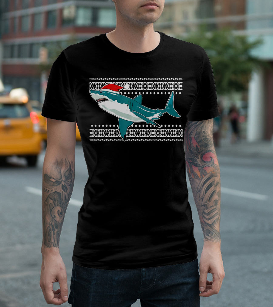 Christmas Shark with Santa Hat Ugly T-Shirt