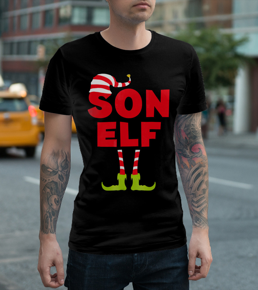 Son Elf Matching Christmas Costume Striped Hat And Socks T-Shirt