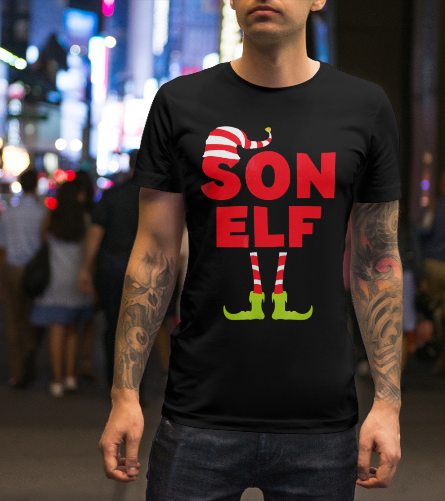 Son Elf Matching Christmas Costume Striped Hat And Socks T-Shirt