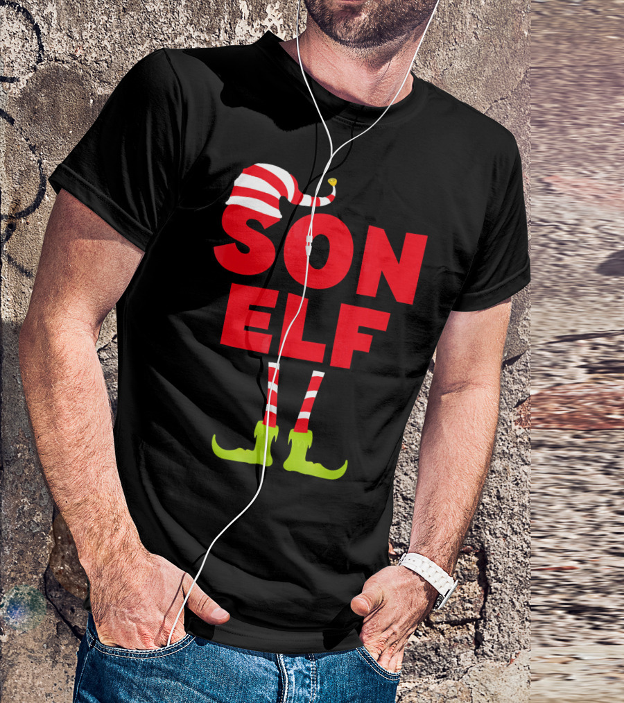 Son Elf Matching Christmas Costume Striped Hat And Socks T-Shirt