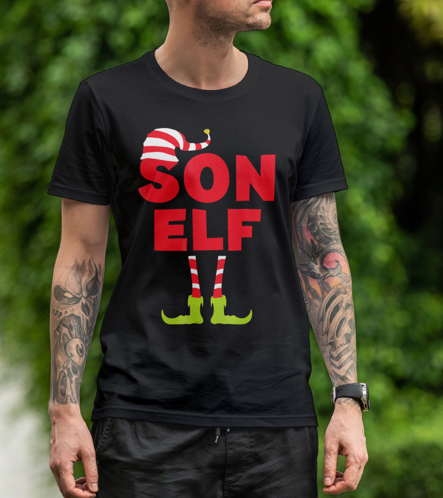 Son Elf Matching Christmas Costume Striped Hat And Socks T-Shirt