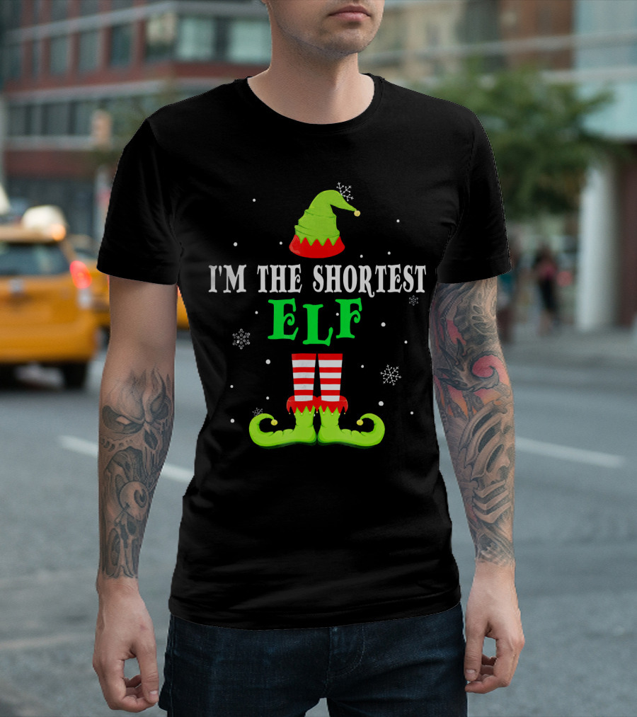 I'm The Shortest Elf Festive Holiday Design Snowflakes Green Hat Red Striped Legs T-Shirt