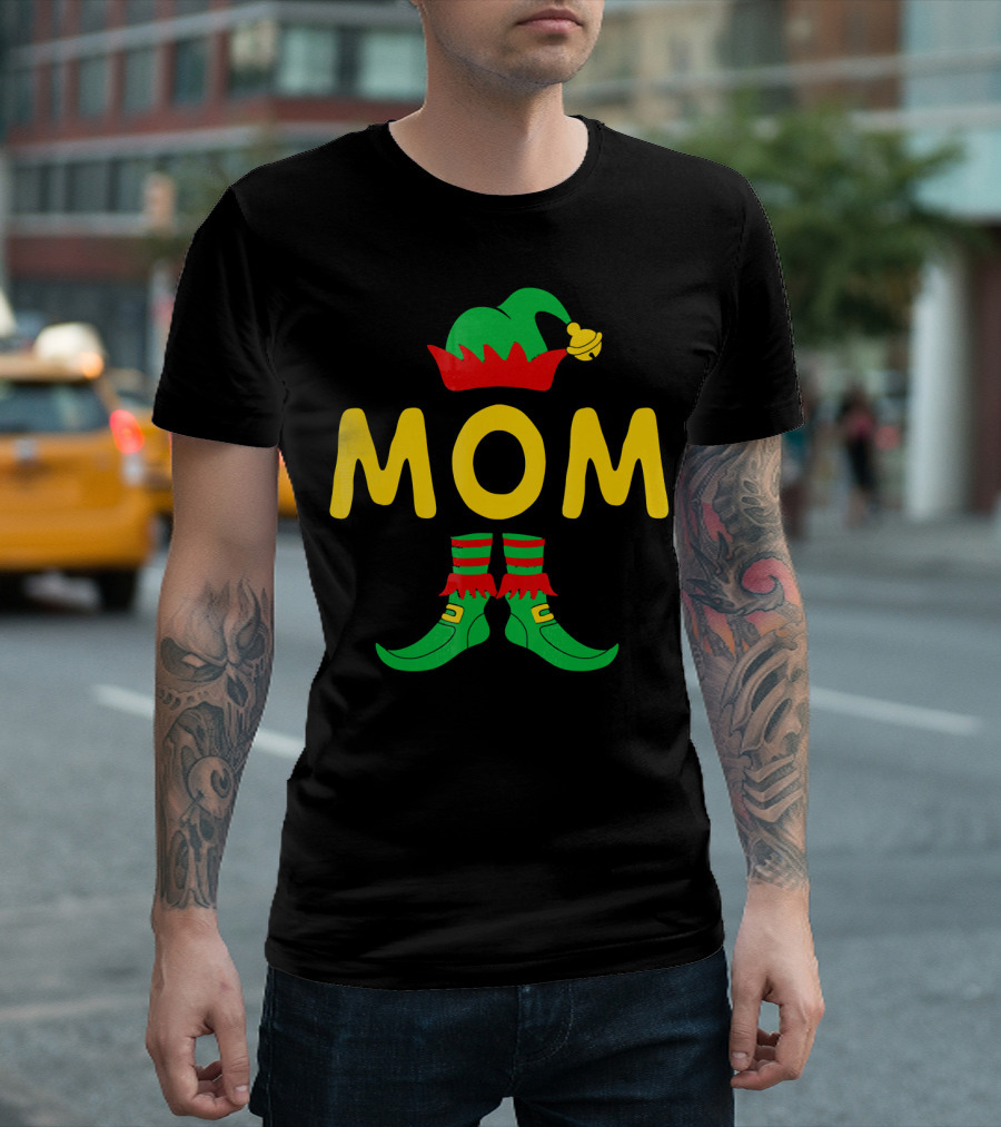 Mom Elf Funny Christmas Family Mat Festive Green and Red T-Shirt