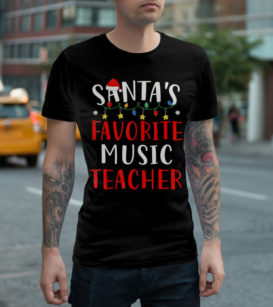 Santa's Favorite Music Teacher Holiday Lights and Stars T-Shirt
