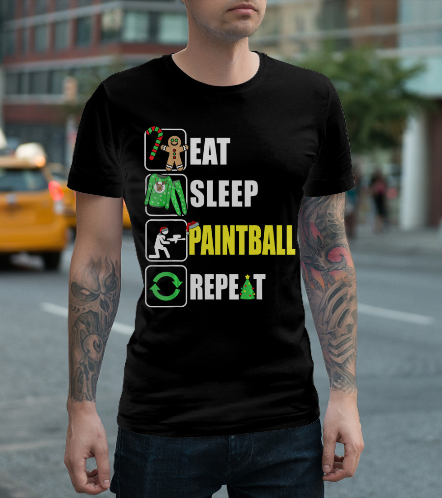 Eat Sleep Paintball Repeat Christmas Candy Cane Gingerbread Ugly Sweater Santa Hat Tree T-Shirt