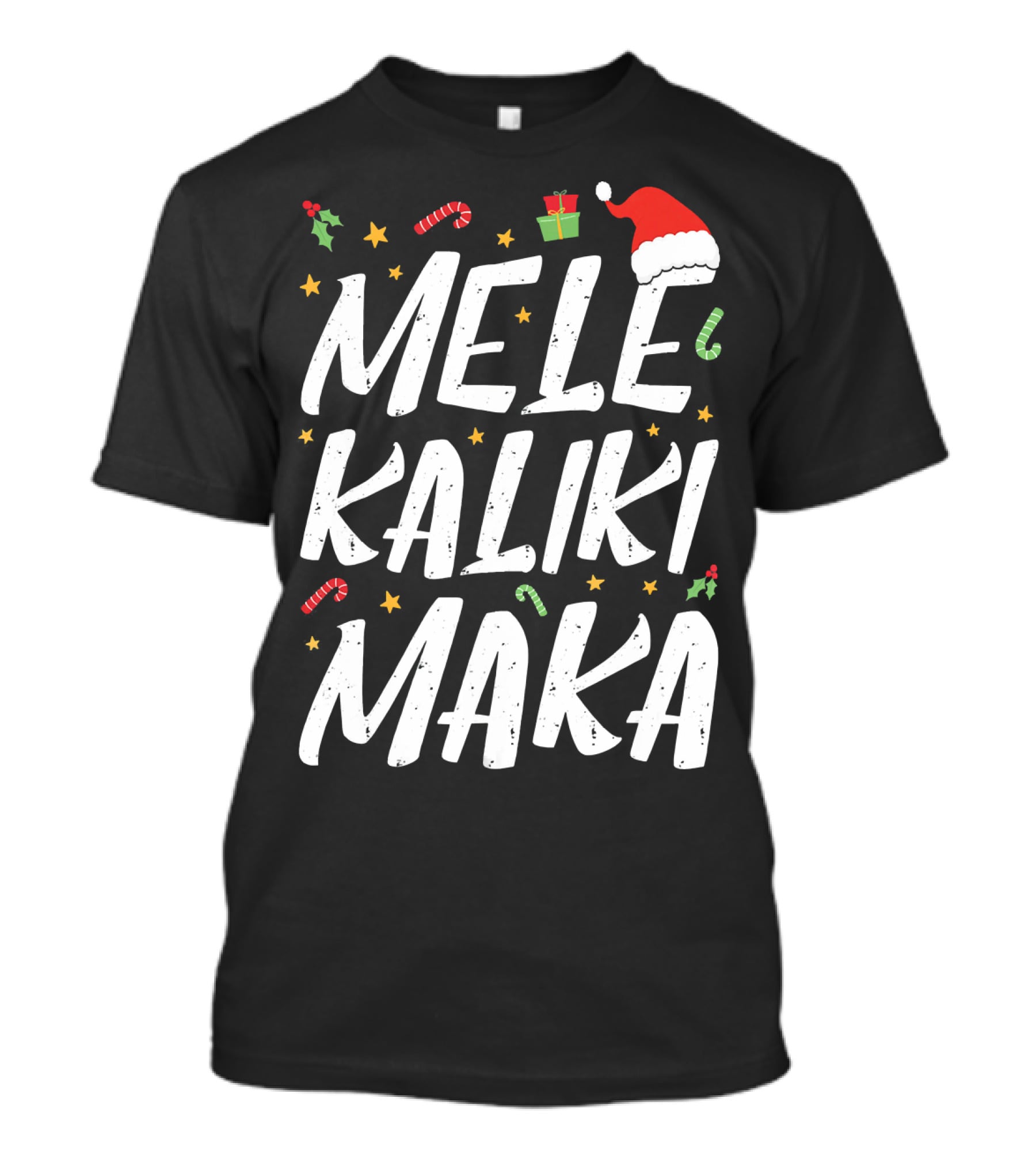 Mele Kalikimaka Christmas Hawaii Santa Hat Candy Canes Holly Presents T-Shirt