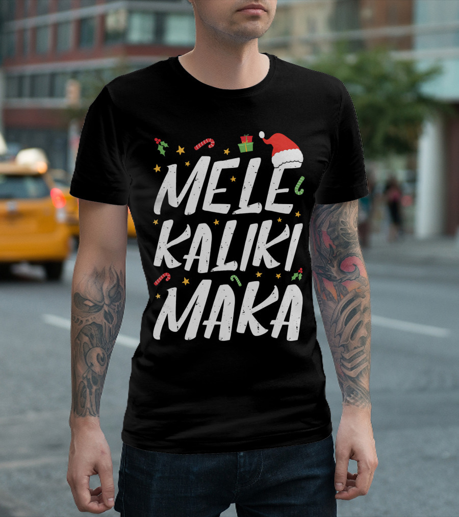 Mele Kalikimaka Christmas Hawaii Santa Hat Candy Canes Holly Presents T-Shirt