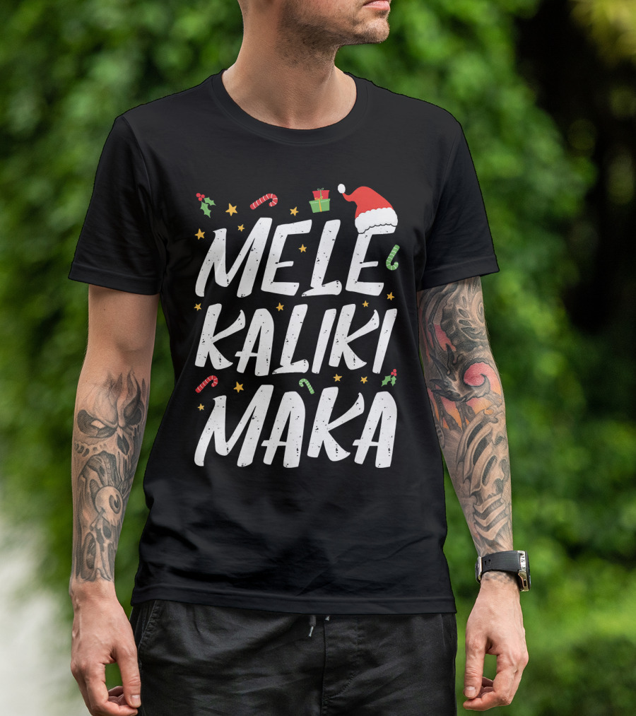 Mele Kalikimaka Christmas Hawaii Santa Hat Candy Canes Holly Presents T-Shirt