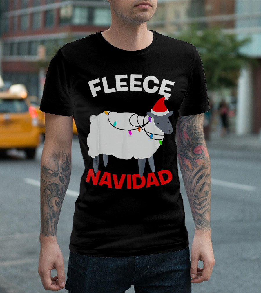 Fleece Navidad Funny Christmas Sheep Santa Hat Lights T-Shirt