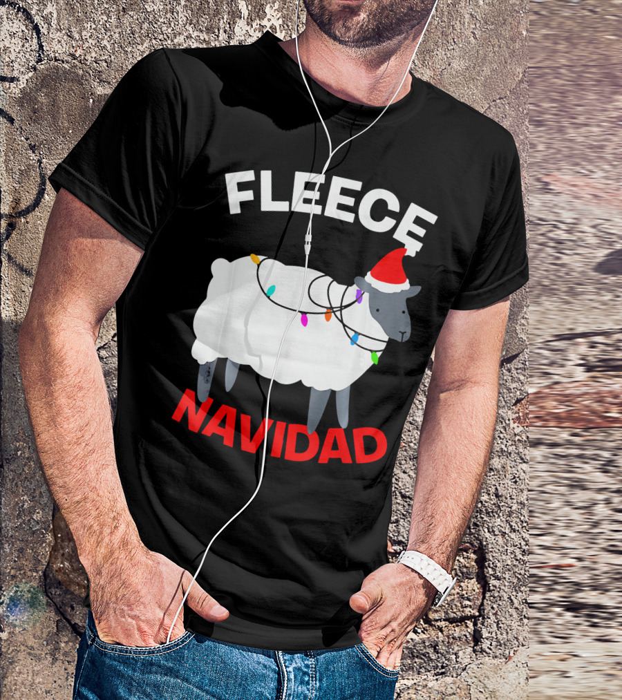 Fleece Navidad Funny Christmas Sheep Santa Hat Lights T-Shirt