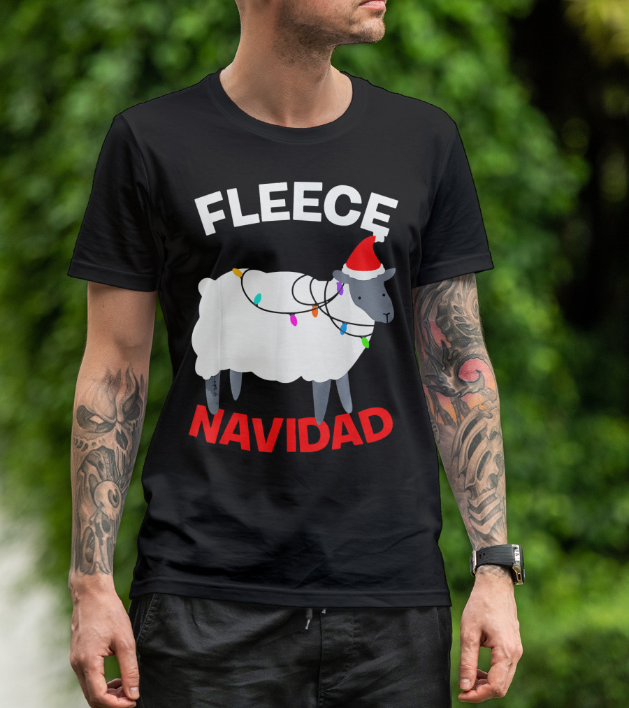 Fleece Navidad Funny Christmas Sheep Santa Hat Lights T-Shirt