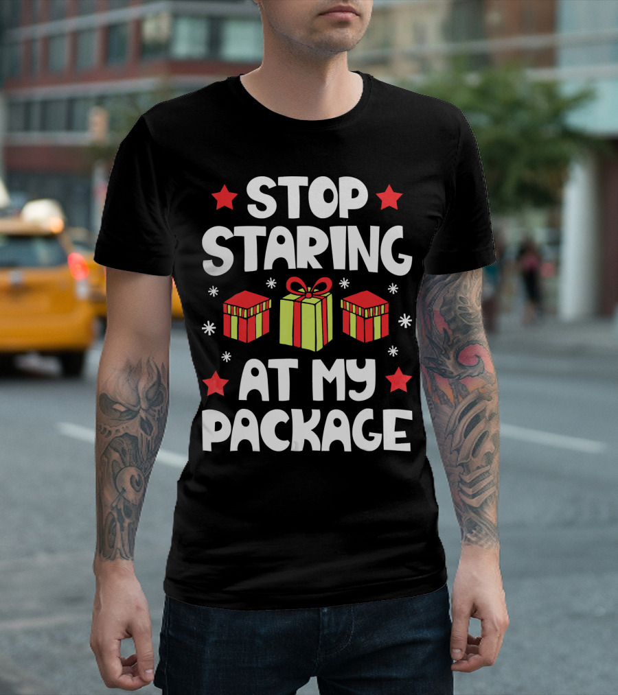 Stop Staring at My Package Christmas Gift Box Design with Stars and Snowflakes T-Shirt