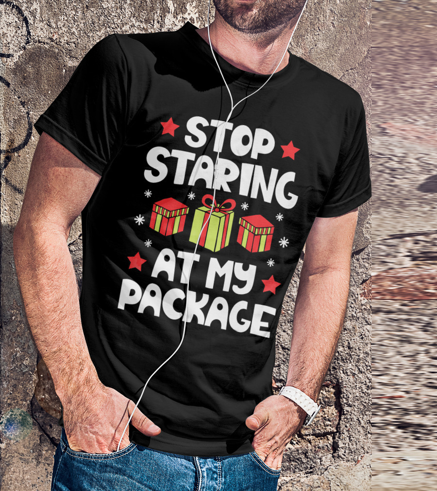 Stop Staring At My Package Christmas Gift Box Design With Stars And Snowflakes T-Shirt