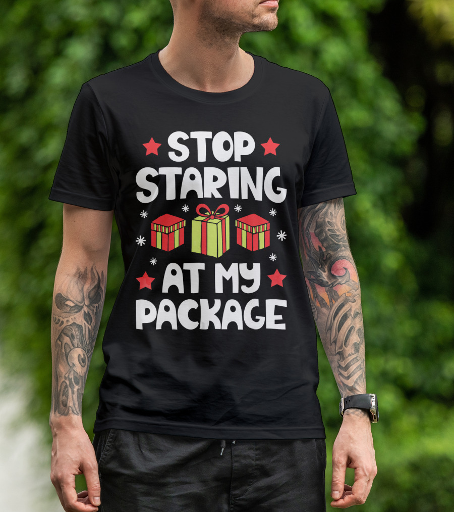 Stop Staring At My Package Christmas Gift Box Design With Stars And Snowflakes T-Shirt