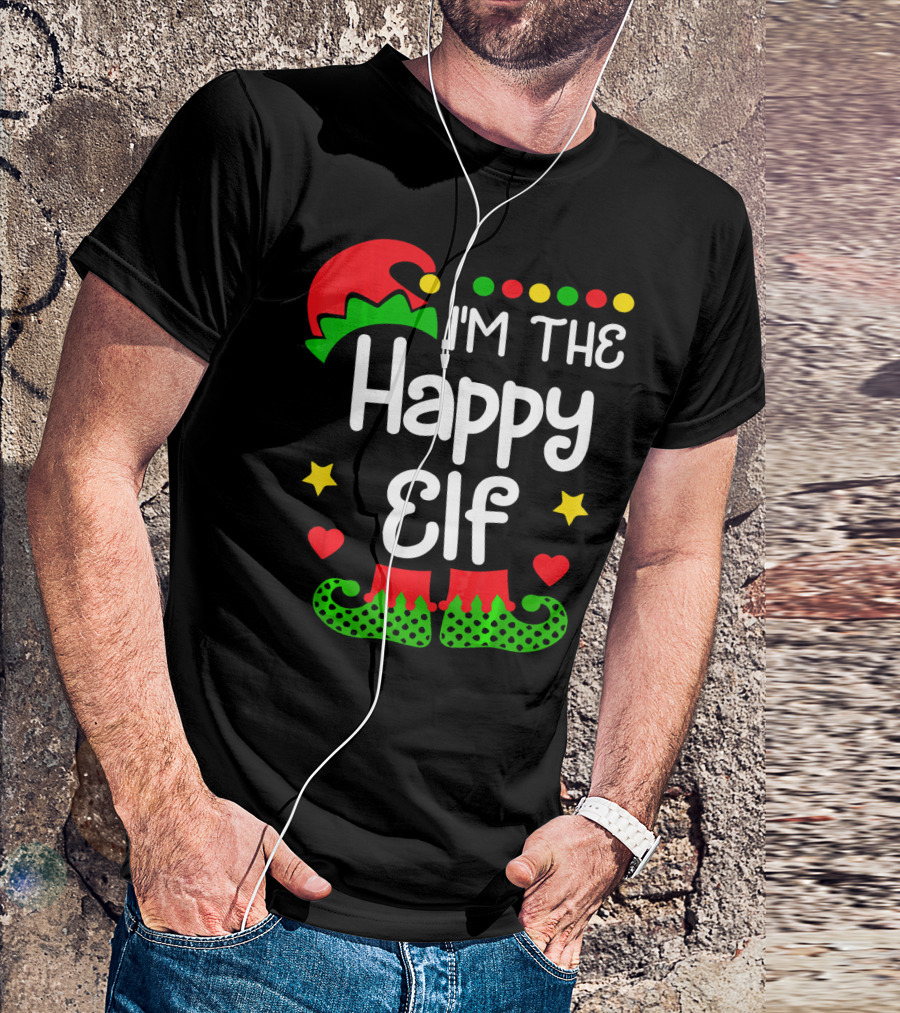 I'm The Happy Elf Christmas Hat Stars Hearts Dots T-Shirt