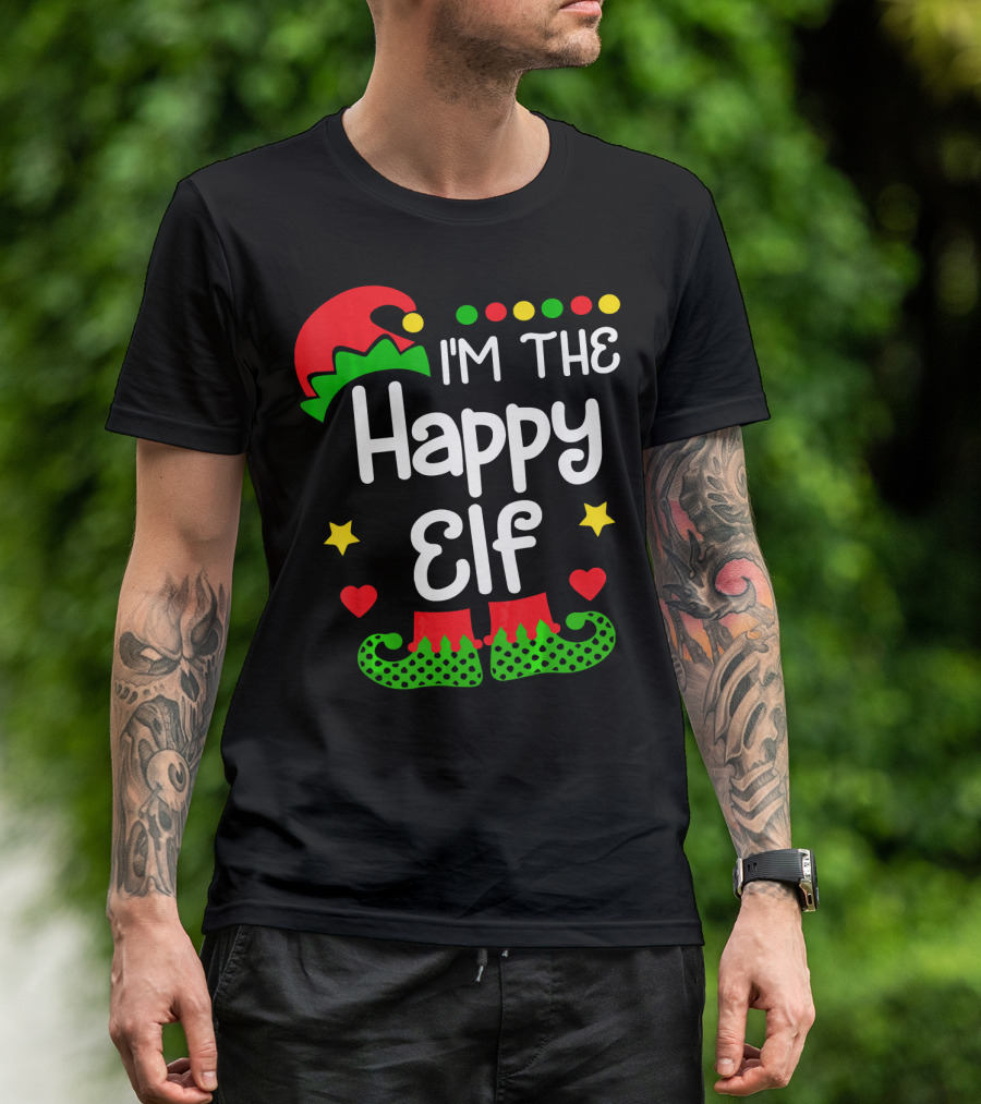 I'm The Happy Elf Christmas Hat Stars Hearts Dots T-Shirt