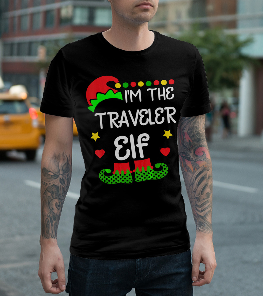 I'm The Traveler Elf Elf Hat Boots Holiday Hearts Stars T-Shirt