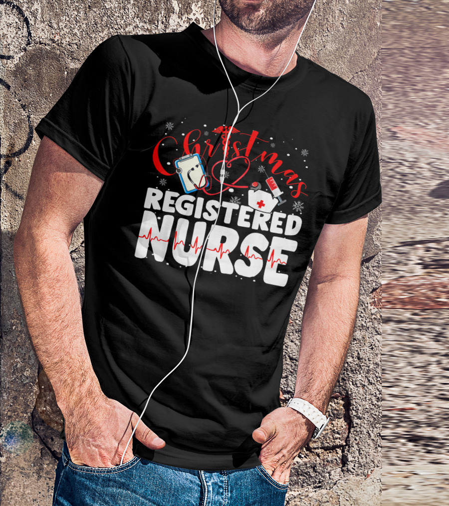 Christmas Registered Nurse With Medical Icons And Heartbeat T-Shirt