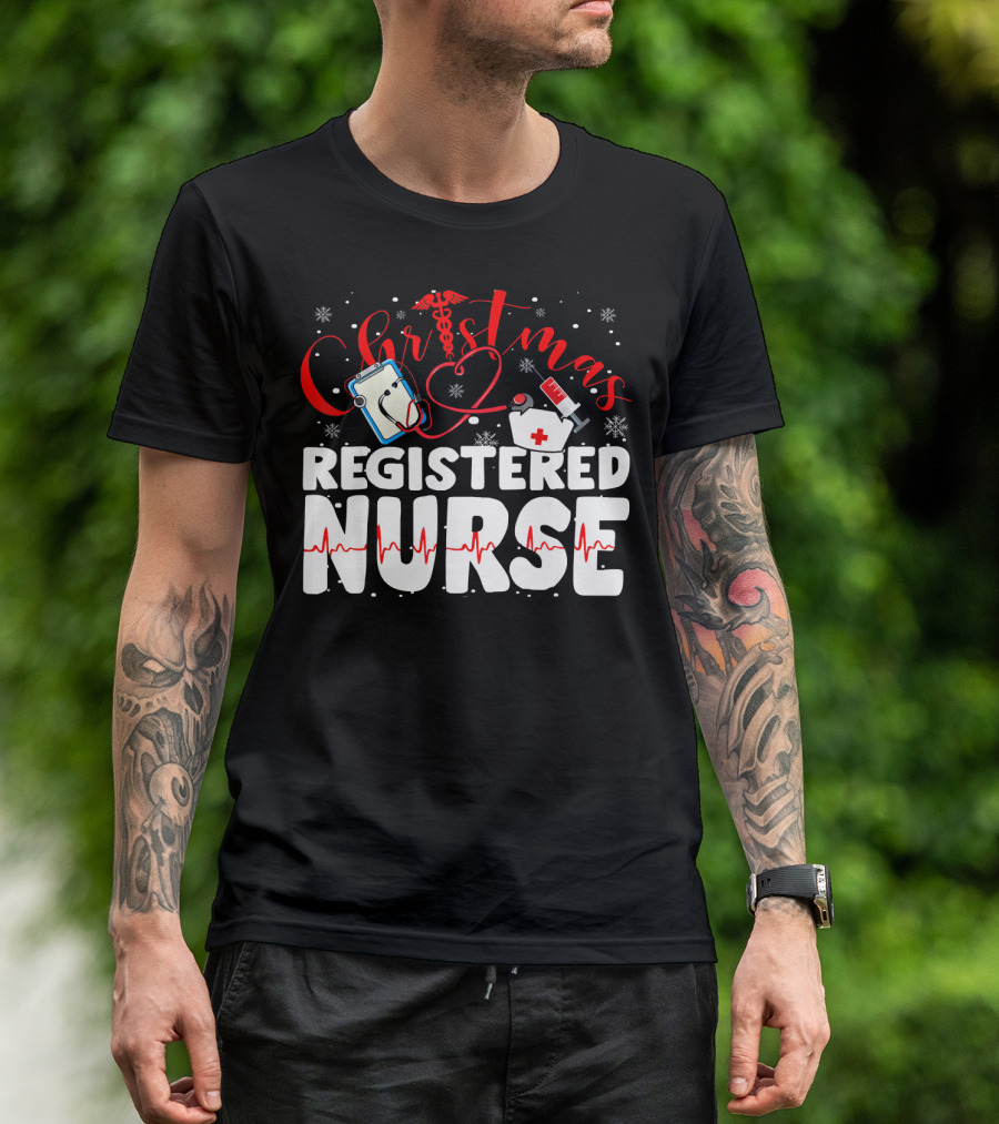 Christmas Registered Nurse With Medical Icons And Heartbeat T-Shirt