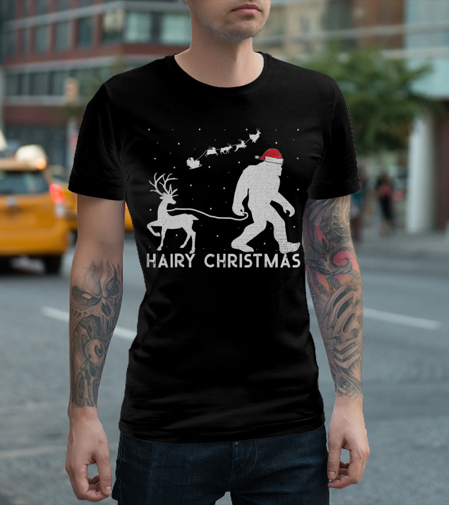 Hairy Christmas Bigfoot Santa Reindeer Snow Scene T-Shirt