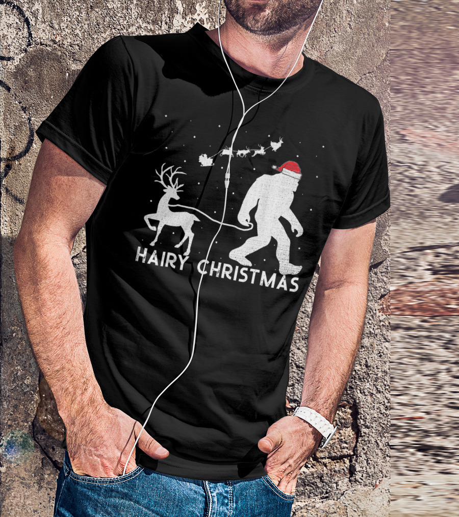 Hairy Christmas Bigfoot Santa Reindeer Snow Scene T-Shirt