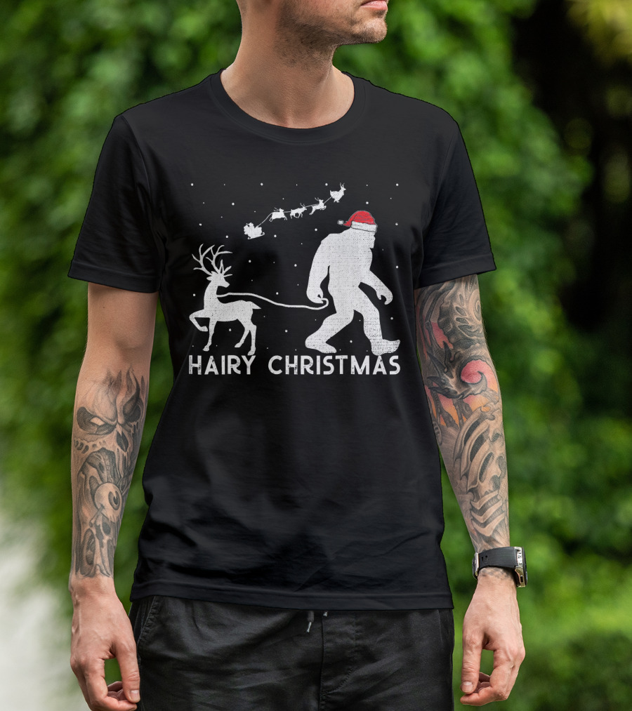 Hairy Christmas Bigfoot Santa Reindeer Snow Scene T-Shirt