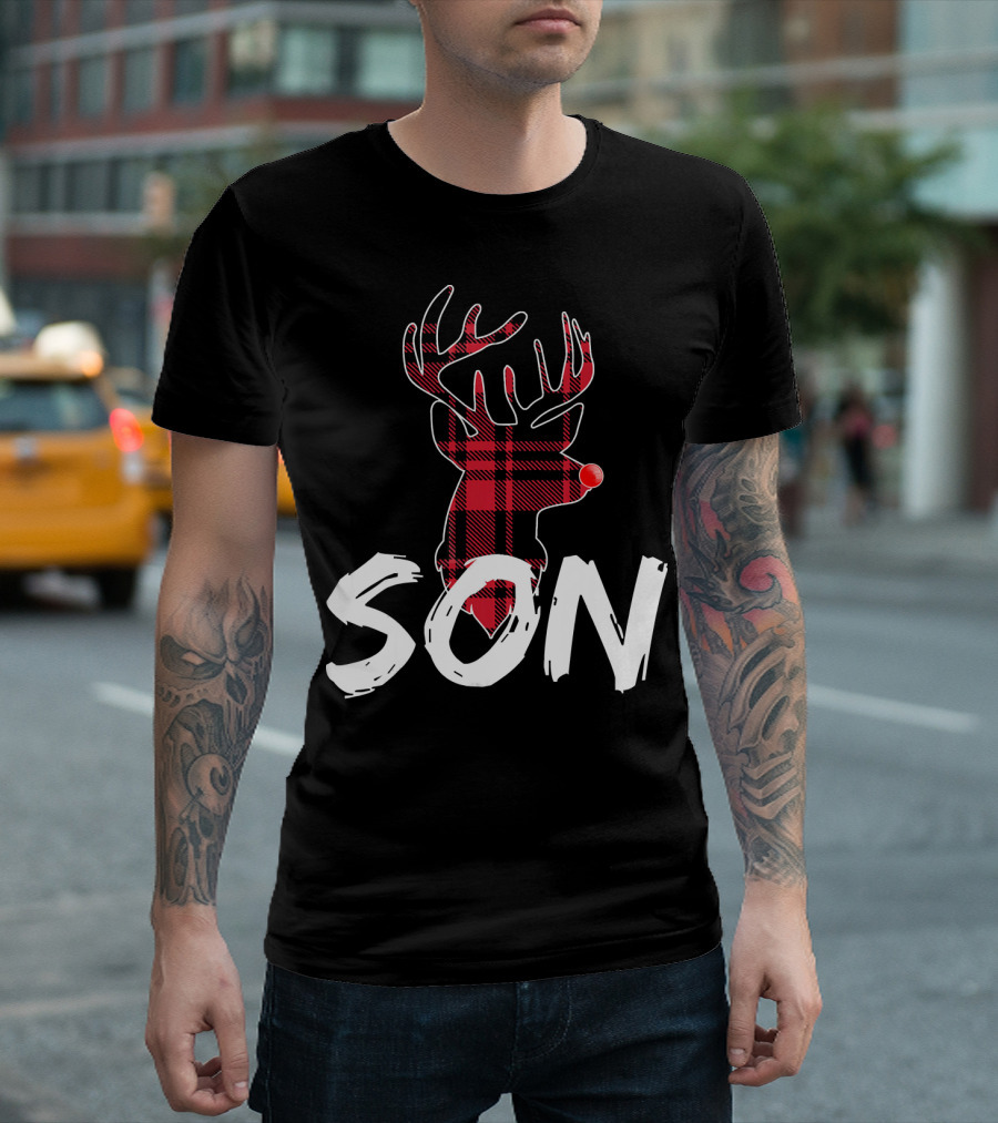 Son Family Matching Christmas Red Plaid Reindeer T-Shirt