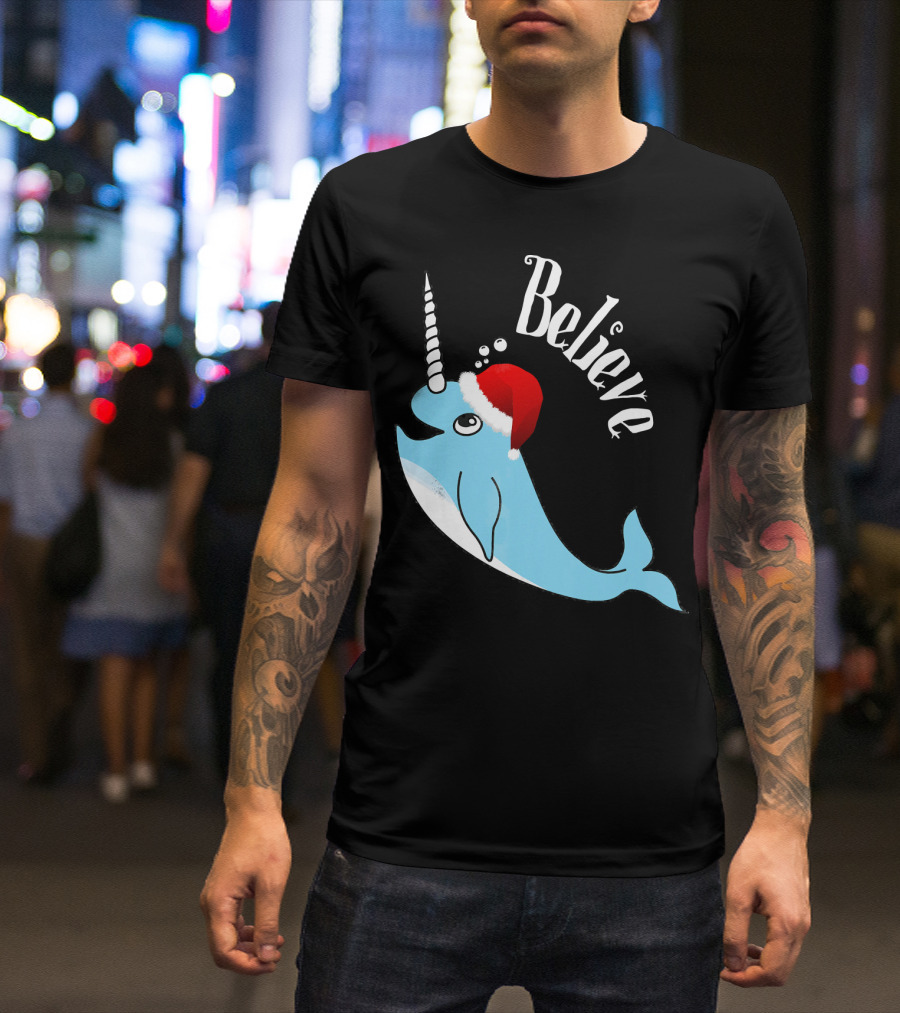 Believe Narwhal Christmas Cute Unicorn Santa Hat T-Shirt