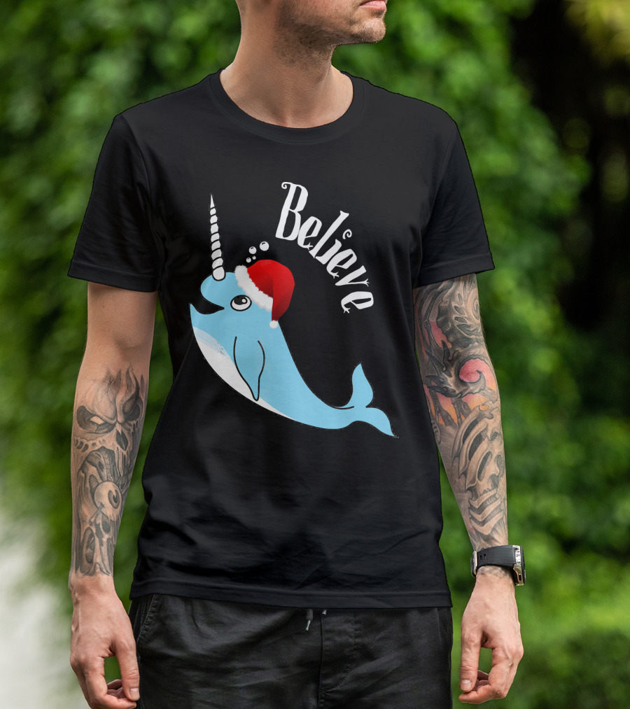 Believe Narwhal Christmas Cute Unicorn Santa Hat T-Shirt