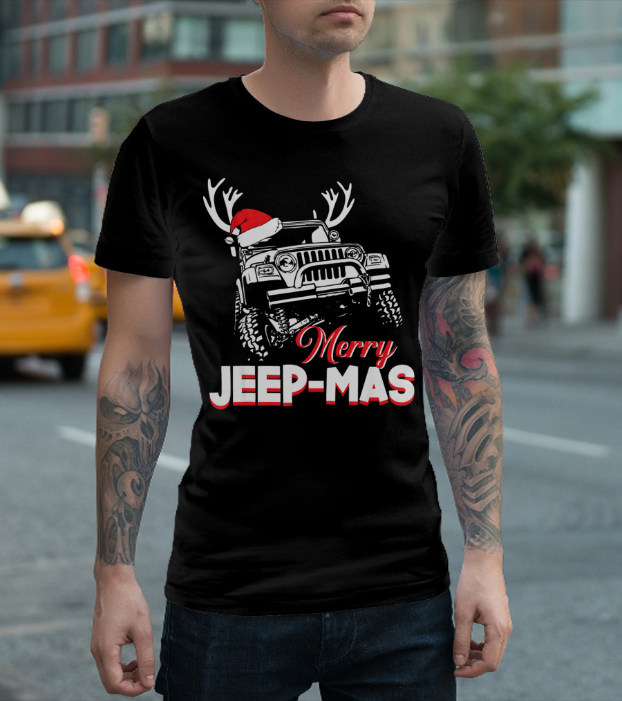 Merry Jeep-Mas Funny Jeep with Santa Hat and Reindeer Antlers T-Shirt