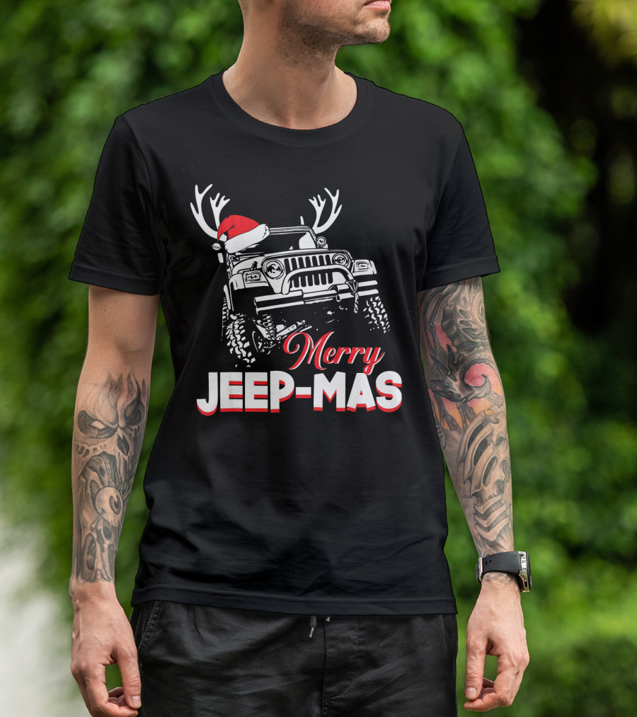 Merry Jeep-Mas Funny Jeep With Santa Hat And Reindeer Antlers T-Shirt