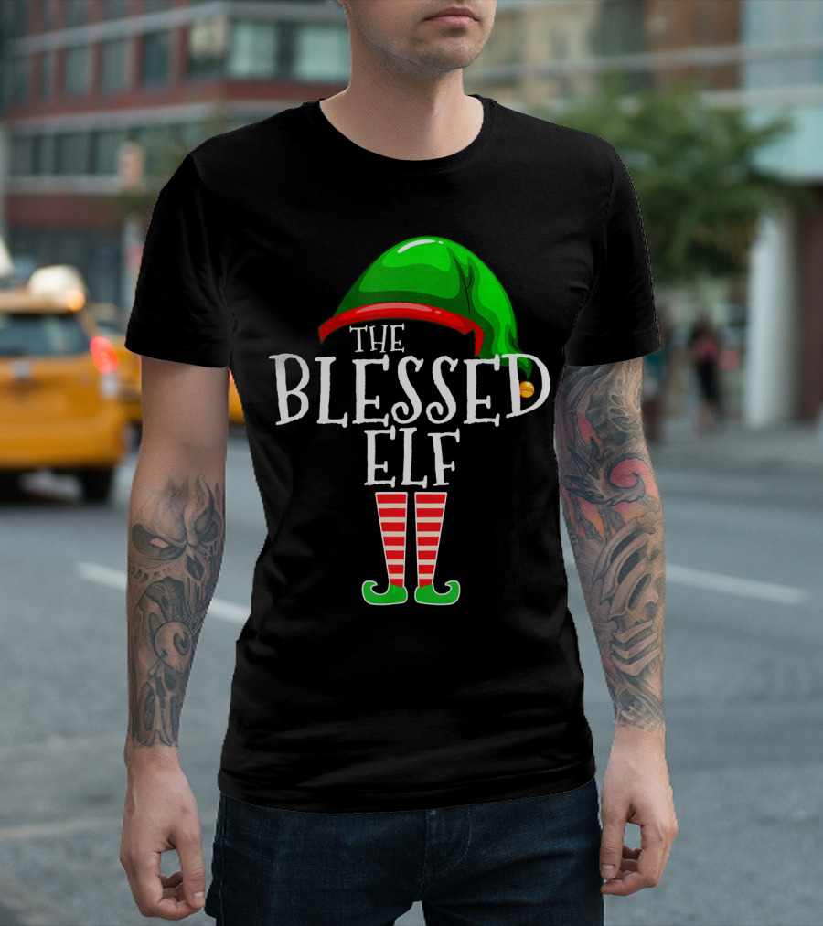 The Blessed Elf Hat and Striped Legs Christmas T-Shirt