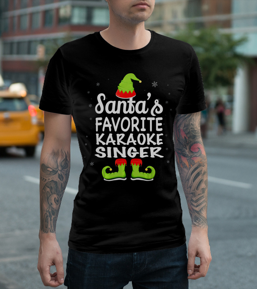 Santa's Favorite Karaoke Singer Funny Christmas Elf Hat And Boots T-Shirt
