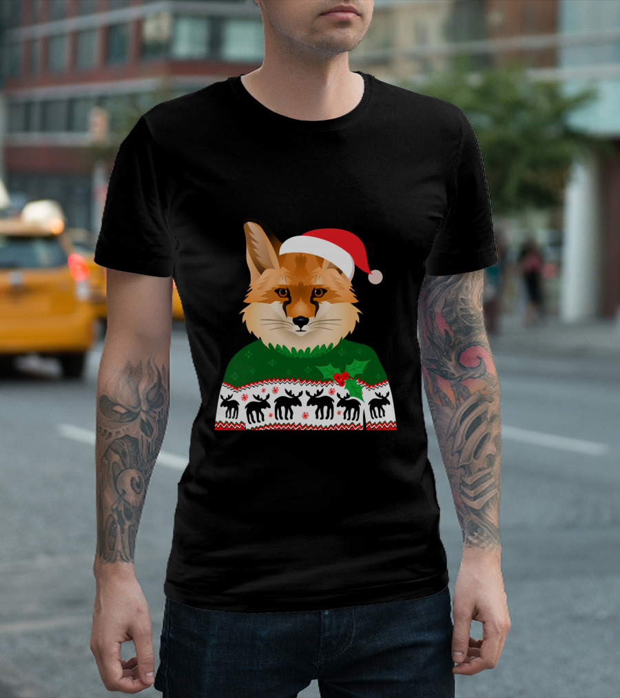 Long Sleeve Fox Ugly Christmas Sweater Santa Hat T-Shirt