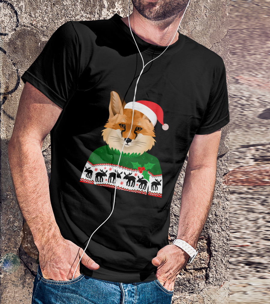 Long Sleeve Fox Ugly Christmas Sweater Santa Hat T-Shirt