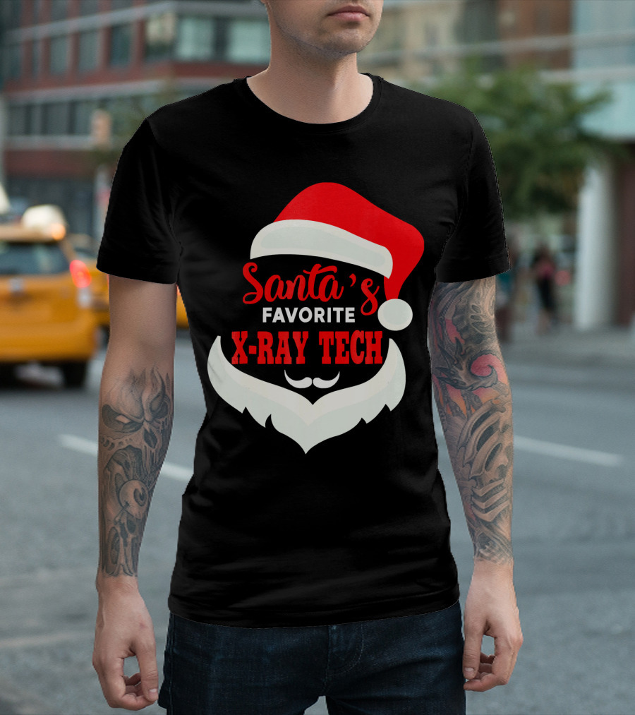 Santa's Favorite X-Ray Tech Christmas Santa Hat and Beard T-Shirt