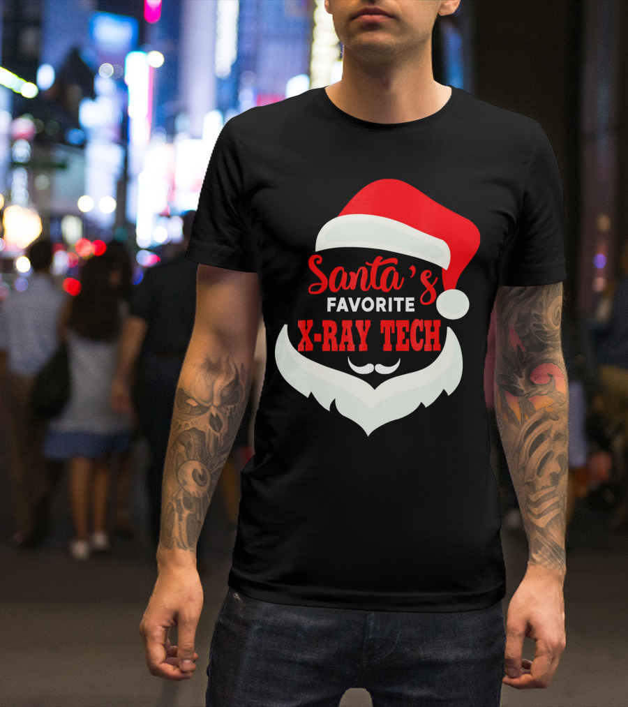 Santa's Favorite X-Ray Tech Christmas Santa Hat And Beard T-Shirt