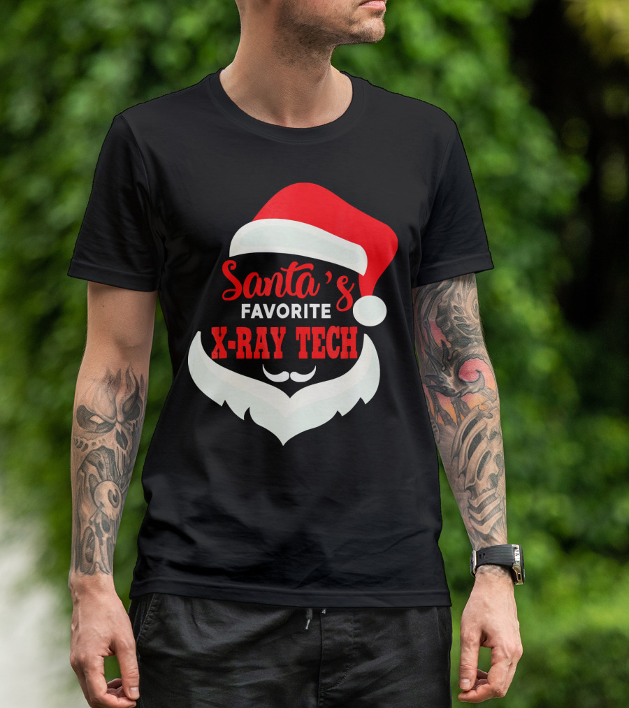 Santa's Favorite X-Ray Tech Christmas Santa Hat And Beard T-Shirt