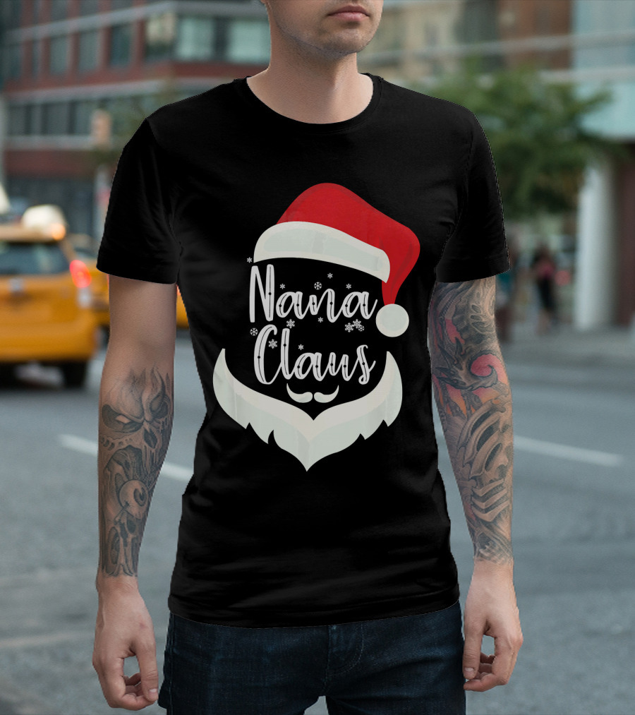 Nana Claus Santa Hat Beard Snowflakes T-Shirt