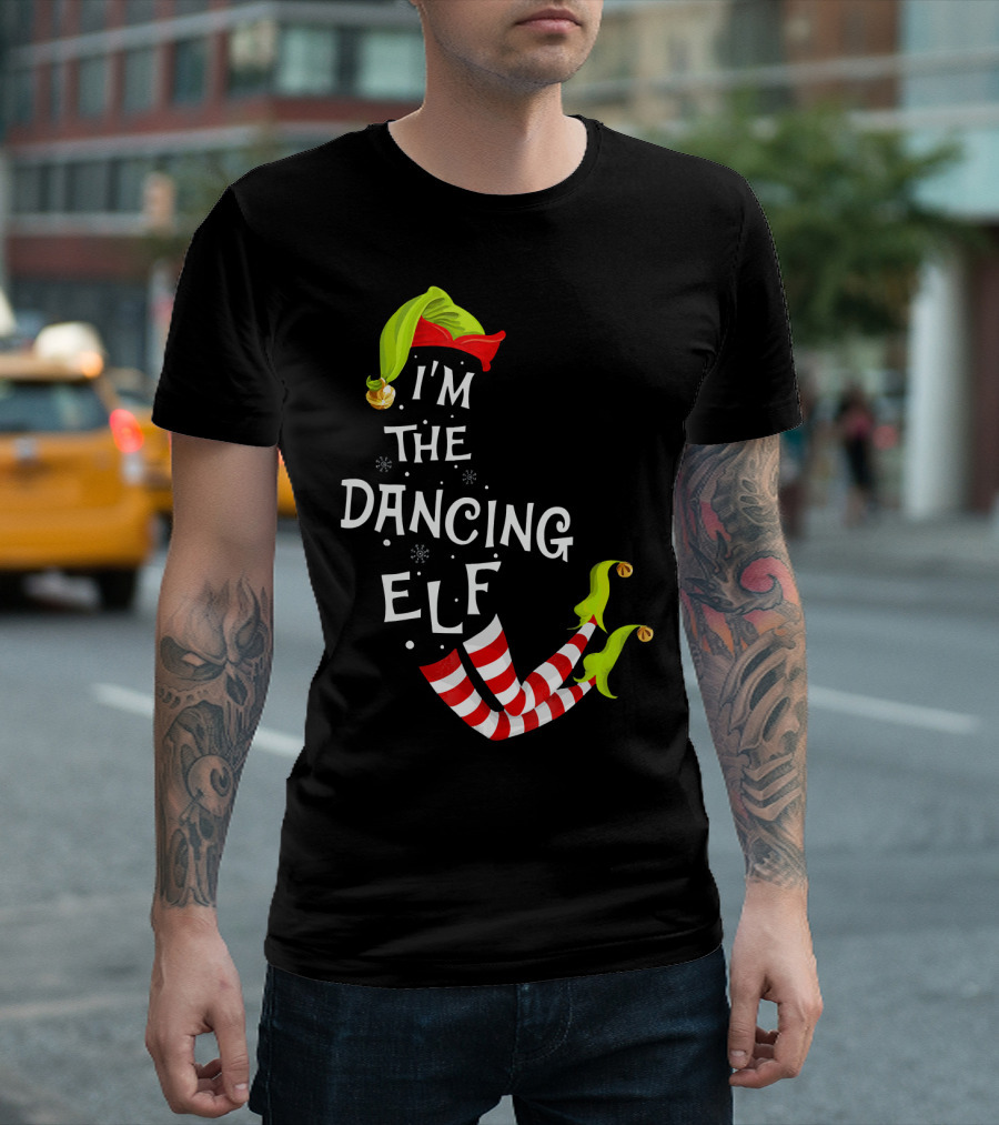 I'm the Dancing Elf Christmas Striped Stockings and Festive Hat T-Shirt
