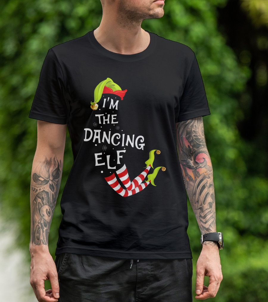 I'm The Dancing Elf Christmas Striped Stockings And Festive Hat T-Shirt