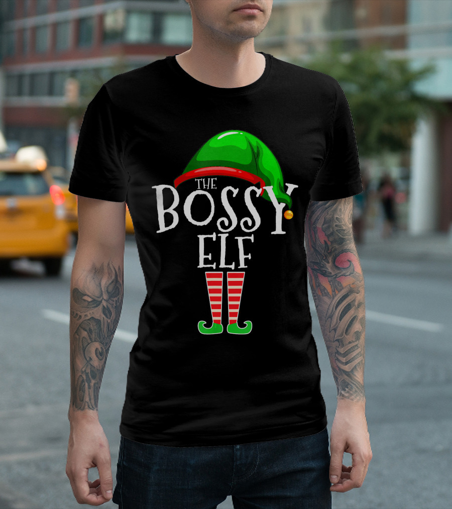 The Bossy Elf Green Hat Red Striped Legs T-Shirt