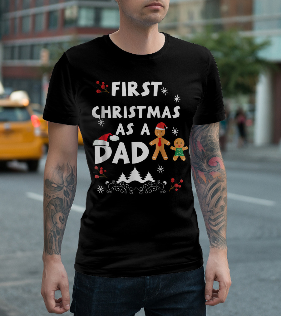 First Christmas as a Dad Gingerbread Snowflakes Holiday Scene T-Shirt