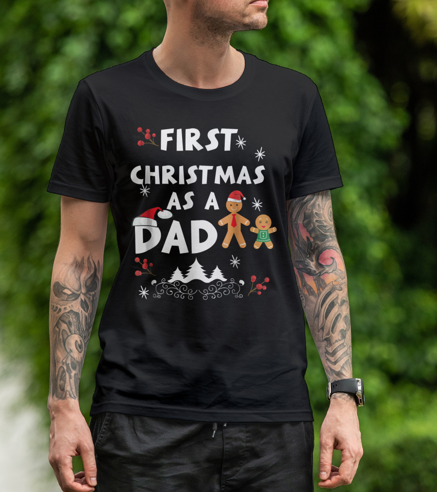 First Christmas As A Dad Gingerbread Snowflakes Holiday Scene T-Shirt