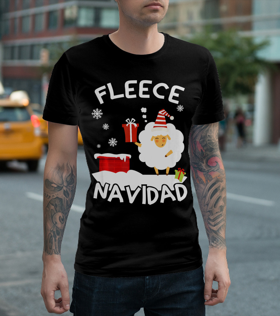 Fleece Navidad Sheep with Santa Hat and Gift Chimney Snowflakes T-Shirt